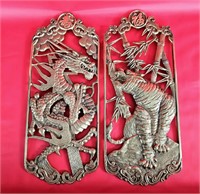 Asian Brass Tiger and Dragon Wall Plaques