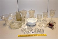 Group lot of clear glassware including candle