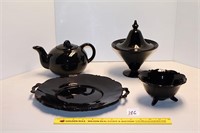 Group lot of black glassware including a serving