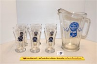 Pabst Blue Ribbon Beer pitcher w/ (6) matching