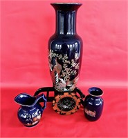 Asian Cobalt Blue Peacock Vase 4 Pc Reproduction