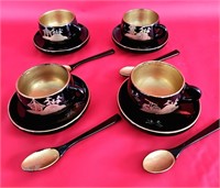 12 PC Black Lacquer Cups, Saucers and Spoons
