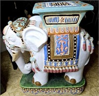 Lg Elephant Garden Stool/Plant Stand White & Blue