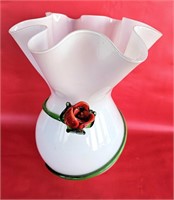 White Art Vase W/ Red Rose 11" Note Condition