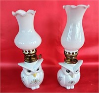 Pair Owl Oil Lamps Small 8 1/2"