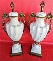 Pair Lg White Vases Gold Accents Finial Tops