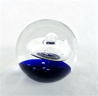 Glass Paperweight Clear and Blue 3"