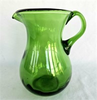 Green Glass Pitcher W/ Handle 7"