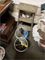 SMALL wooden step ladder and 2 buckets of tools
