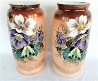 Pr 12" Hand Painted Vases W/ Flowers on Milk Glass