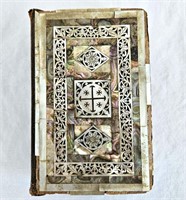 Holy Bible Wood Back Mother of Pearl Inlay Front