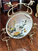 Brass Fire Screen Victorian Mirrored Hand Painted