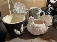 2 flower pots, pottery pitcher, ceramic turkey