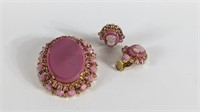 Vintage Pink Cabochon Brooch & Earrings Set