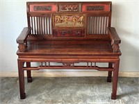Vintage Asian Carved & Lacquered Ornate Bench