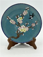 Antique Jingfa Cloisonne Bird Plate w/ Stand