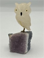 Vintage Gemstone Amethyst Carved Owl Sculpture