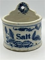 Antique Blue & White Stoneware Salt Crock