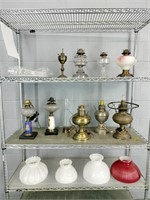 Large Lot Assorted Oil Lamps & Shades