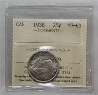 ICCS CAN 1938 Twenty Five Cents MS-63