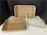 Glassbake & Pyrex Dishes with Wicker Carriers