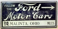 1940s FORD Cars sign- Malinta, OH Embossed 24"x11"