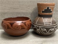 (2) Mexican Pottery Vase & Bowl