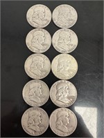 10 Franklin Half Dollar Coins - 90% Silver $5 face