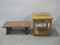 Wood Bench & End Table W/Drawer See Info