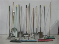 Various Brooms, Shovels & Rakes