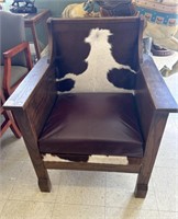 Oak Leather Seat Cowhide Back Arm Chair