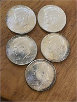 5 Kennedy half dollars silver all 1964