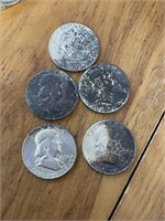 5 Franklin half dollar silver (3) 1955 (2) 1956