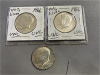 3 1966 Kennedy half dollars 40 %silver