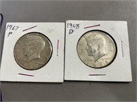 2 Kennedy Half Dollars1967 P ,1968 D  40% Silver