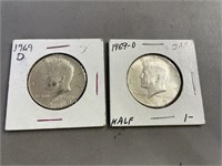 2 1969 D Kennedy Half Dollar 40% Silver