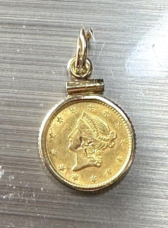 Authentic 1853 1 Dollar Gold Coin w/14k Bezel See