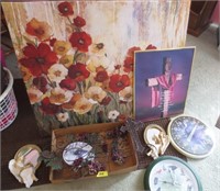 Clock, thermometer, pictures, decorations
