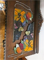 Flower stained corner glass w/ chains 17"w 1't