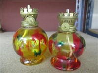 Vintage pair of  colorful glass Oil Kerosene Lamps