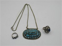 TURQUOISE NECKLACE, AND 2 LAPIS RINGS