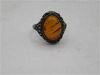 STERLING SILVER AND AMBER RING