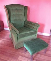 VINTAGE GREEN UPHOLSTERED CHAIR AND STOOL