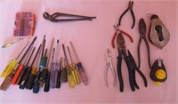 LOT OF SCREWDRIVERS, PLYERS, CHALKLINES