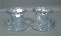 Signed Heisey Warwick Blue Flashed Candle Holders