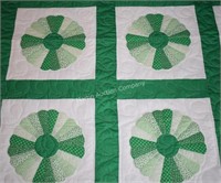 (S1) 95x79" Green & White Hand Quilted Quilt