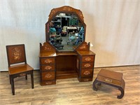 Antique Chinese Carved Vanity w/Stool & Chair Wear