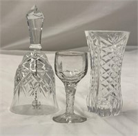 Vintage Glass Bell, Goblet & Small Vase, Engraved