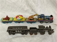 2 Trains - Cast Iron Locomotive and car, Tin