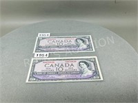 2 - 1954 Canadian $10.00 bills